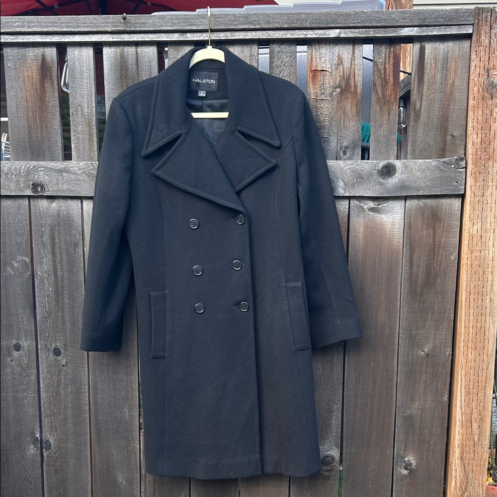 Vintage Halston double breasted wool coat size 10 made in USA, black